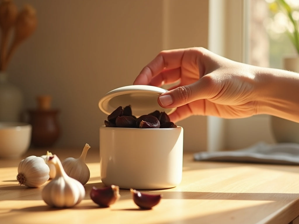 A hand opening a jar of FANG black garlic