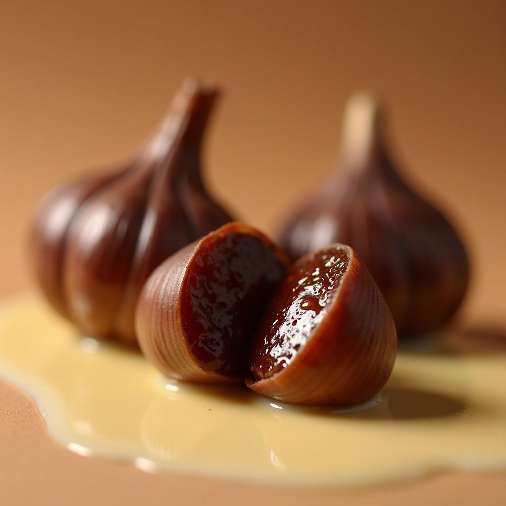 Black garlic cloves, one cut open