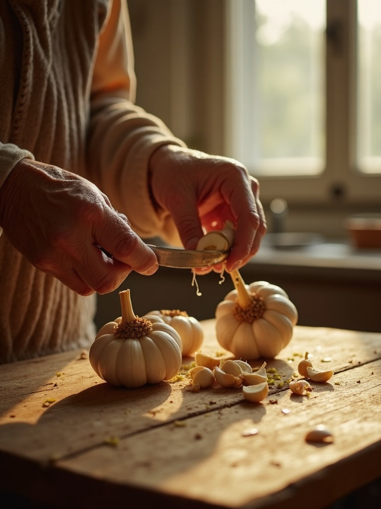 A grandmother's hands preparing garlic in a warm kitchen