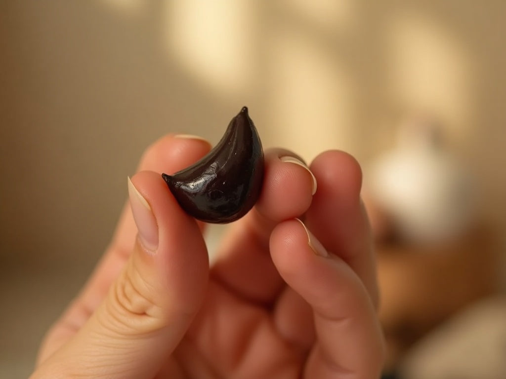 Holding a single soft black garlic clove
